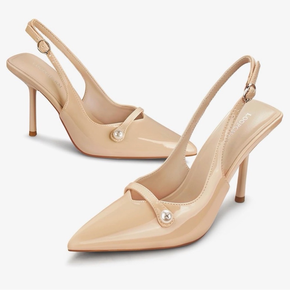 Nude Patent Slingback Pointed-Toe Stiletto Pumps